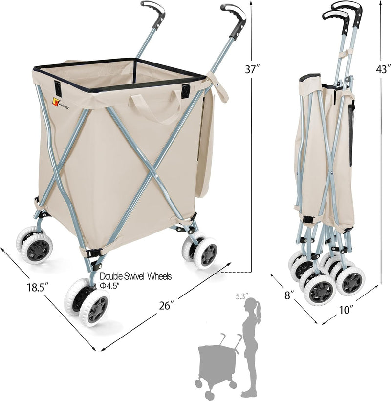 Wellmax WM99100 Series Folding Shopping Cart with Wheels, Grocery Cart with Removable Canvas with Cover, Lightweight Utility Cart for Groceries and Laundry - Holds up to 120 lbs (Blue)