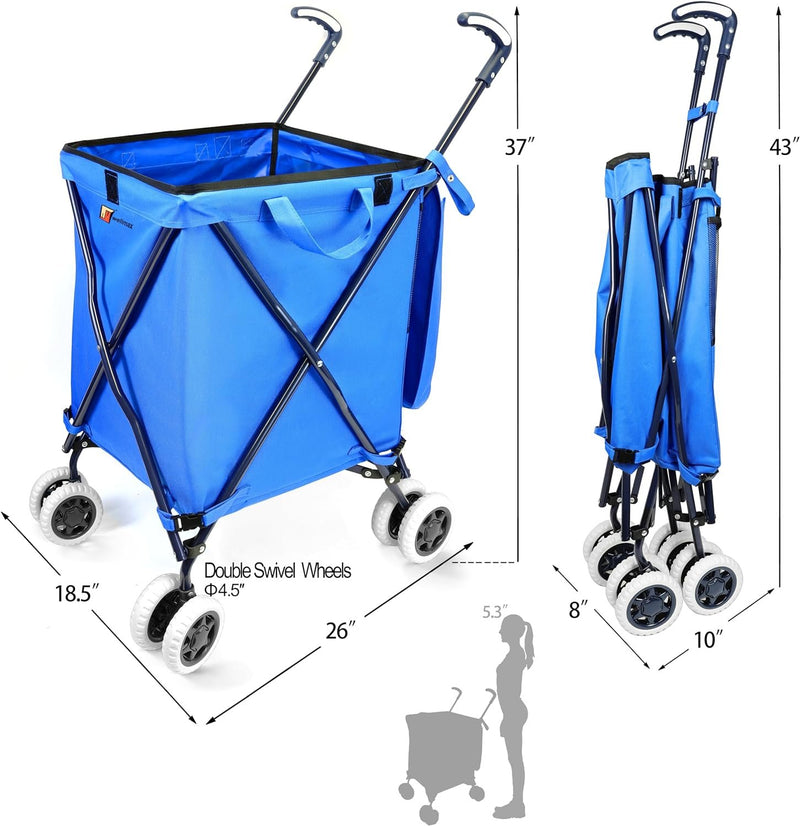 Wellmax WM99100 Series Folding Shopping Cart with Wheels, Grocery Cart with Removable Canvas with Cover, Lightweight Utility Cart for Groceries and Laundry - Holds up to 120 lbs (Blue)