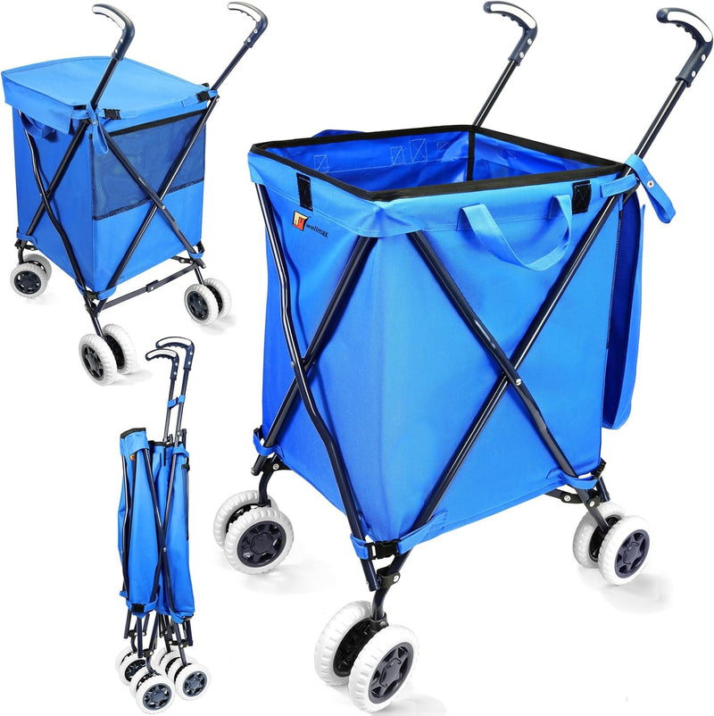 Wellmax WM99100 Series Folding Shopping Cart with Wheels, Grocery Cart with Removable Canvas with Cover, Lightweight Utility Cart for Groceries and Laundry - Holds up to 120 lbs (Blue)